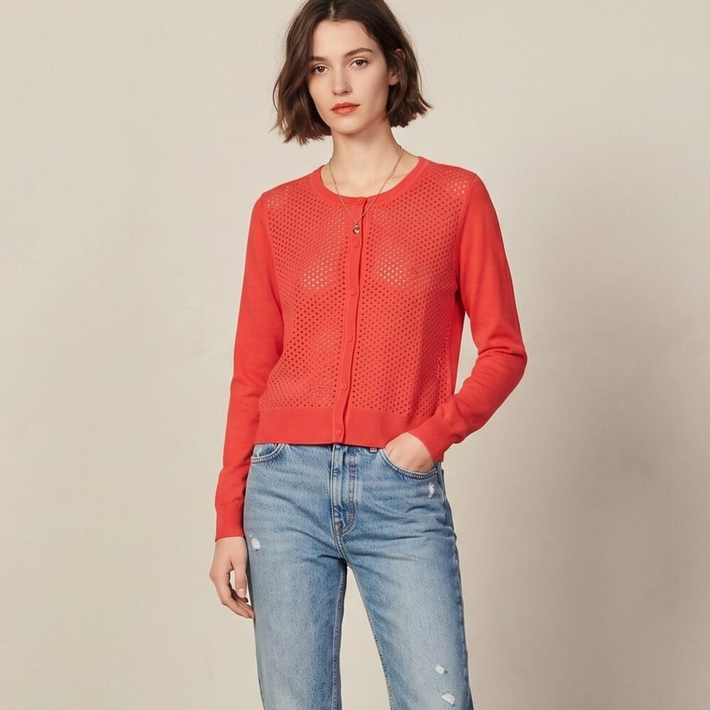 SANDRO Paris Medium Cardigan Sweater Red front Mesh